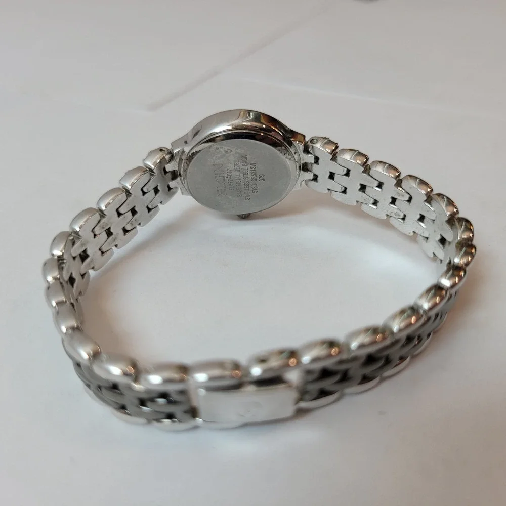 Elgin Wristwatch Women Silver Tone Crystal‎ Bezel Glitter Dial EL877-017 Vintage
